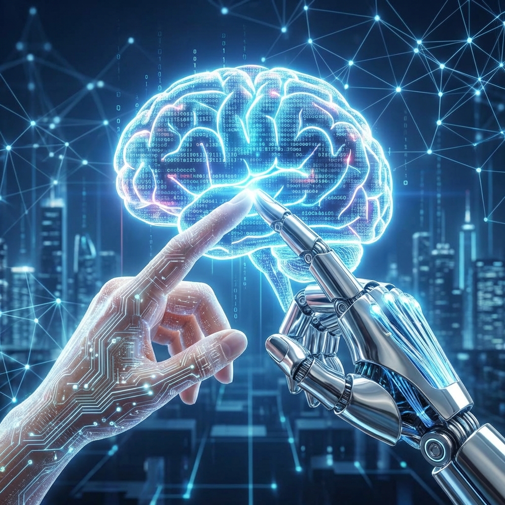 Concept of human and AI digital hands touching representing collaboration