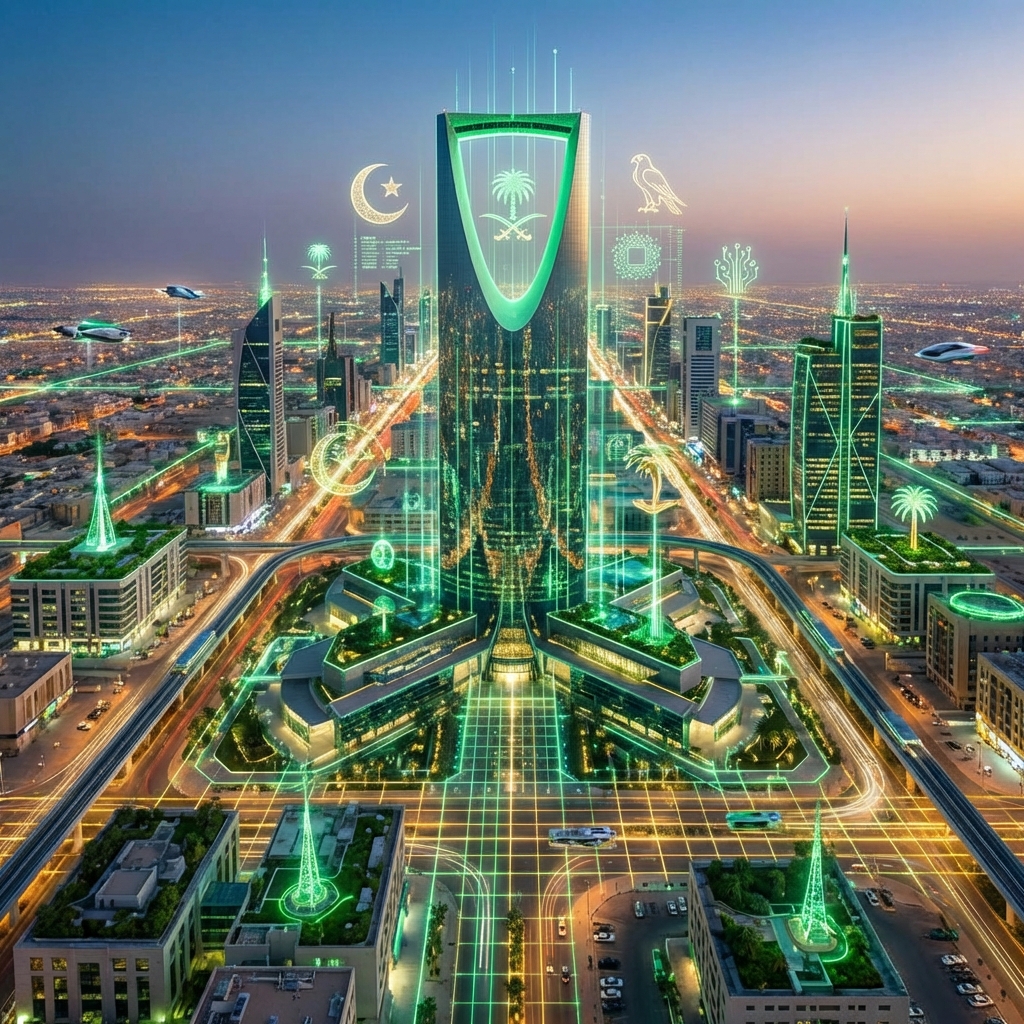 Futuristic Saudi Arabia skyline with digital data streams representing Vision 2030 tech advancement